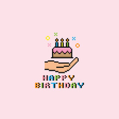 Wall Mural - pixel happy birthday icon 8 bit, pixel art birthday icon card logo.