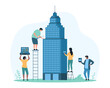 © Iconic Prototype - City architecture planning, modern building optimization and renovation. Tiny people repair tower of cityscape, working with builders equipment on construction site cartoon vector illustration