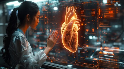 Poster - A woman in a white lab coat looks at a holographic heart visualization projected onto a large screen, likely during a cardiology consultation.