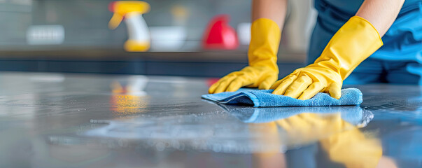 A close up of a woman cleaner wearing gloves as diligently polishes table top using a cloth and spray.a professional cleaning service homes and offices, everything tidy and clean.