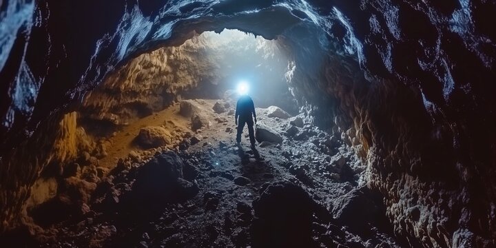 One speleologist explores dark cave, illuminated by light, diving deep into adventure.