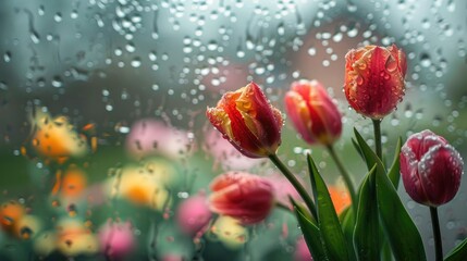 Canvas Print - Raindrop covered window glass providing a view of tulips