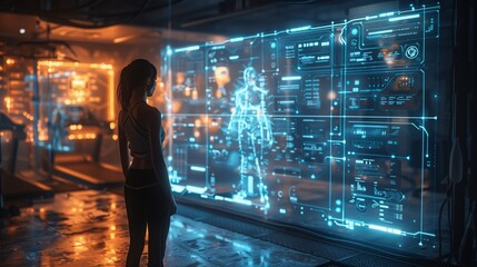 Aufkleber - A woman in a gym stands in front of a large, holographic display that shows a digital representation of her body, providing a detailed fitness assessment.