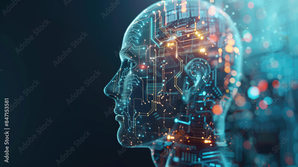 Realistic Artificial intelligence. Computer mind connections head ...