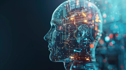 Wall Mural - Realistic Artificial intelligence. Computer mind connections head. Human head with circuit board inside. Engineering concept. Technology web background. Virtual concept 