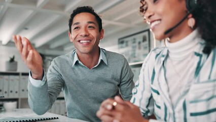 Poster - Businessman, call center and coaching with intern for help, customer service or support at office. Young man training female person, agent or junior consultant on computer for job or online advice