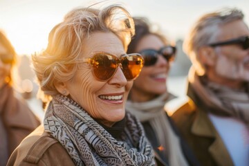Wall Mural - Portrait of smiling senior woman in sunglasses with her friends standing on background