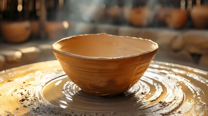 Wall Mural - A bowl is sitting on a table with a wet clay surface