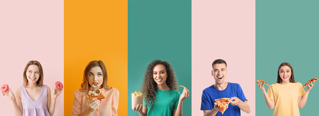 Canvas Print - Collection of young people with tasty fast food on color background