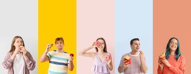 Wall Mural - Set of young people with delicious fast food on color background