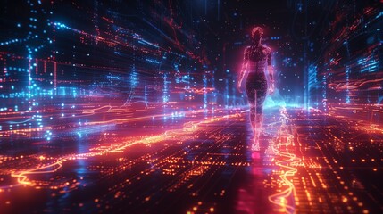 Poster - A holographic figure walks through a digital cityscape composed of red and blue lights.