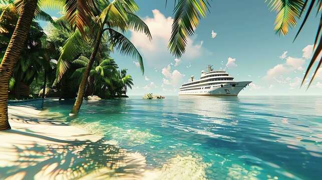 This is a beautiful landscape of a tropical island with a cruise ship in the background. The water is crystal clear.