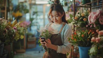 Canvas Print - A woman standing in a flower shop looking at her cell phone