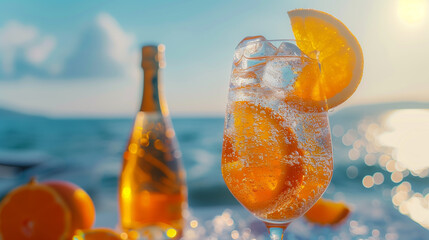 Wall Mural - A glass of prosecco with ice cubes and a slice of orange on top