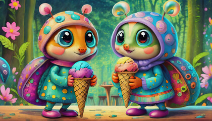 Wall Mural - oil painting style cartoon character multicolored two baby ladybug eating ice cream in cone at cafe