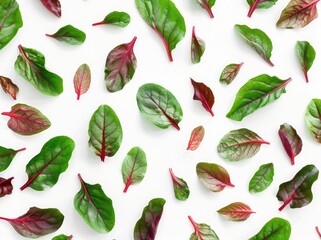Wall Mural - Isolated on white background, small green and red chard leaves scattered pattern. Flat lay style, white background. Minimal concept. top view