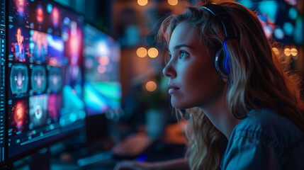 Poster - A woman with headphones on sits in front of a computer screen, participating in a virtual support group meeting. The screen displays a grid of colorful images.