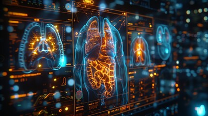 Aufkleber - A close-up shot of a digital screen displaying a holographic image of the human digestive system.