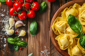 Wall Mural -  traditional tortellini on wooden table, top view