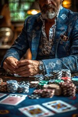 Wall Mural - A man in a suit sitting at a poker table and holding aces with lots of chips and money on the table