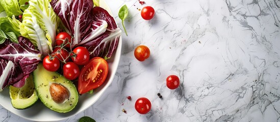Wall Mural - Fresh and vibrant summer salad featuring cherry tomatoes, avocado, and radicchio leaves on a white marble table. Embracing the idea of healthy eating. Ample space for copy.
