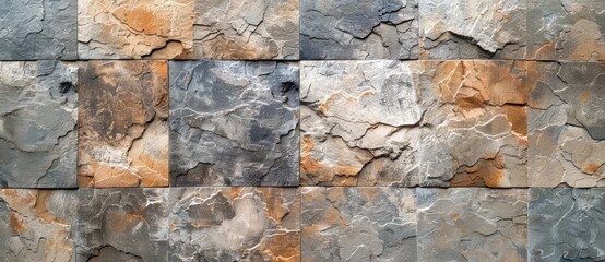 Poster - Decorative stone tiles cover a wall, creating a textured surface with a captivating pattern. Gray and brown tones add a natural and rustic look, perfect for any setting