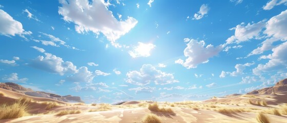 background of sand dunes. Desert landscape with blue sky. Mountains An Dunes In Desert Landscape. Sahara desert at sunrise, mountain landscape with dust on skyline. Generative ai