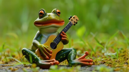 Canvas Print - A cheerful frog figurine playing a guitar in a grassy setting.