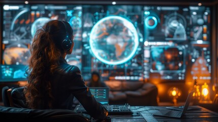 Poster - A woman wearing headphones sits in front of a large screen displaying a holographic globe and other digital interfaces, participating in a virtual support group meeting.