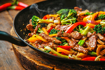 Close-up of a delicious stir-fry dish with beef and colorful vegetables in a wok, showcasing a vibrant and healthy meal.