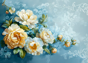 beautiful floral painting featuring delicate peonies with detailed petals and leaves, set against a 