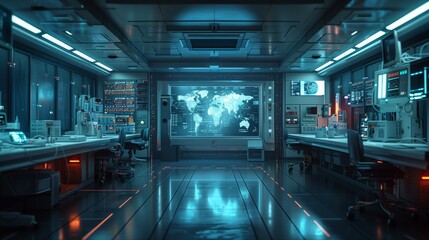 Aufkleber - A futuristic hospital laboratory with a large holographic display showing a world map. The room features sleek, modern equipment and a sterile, clean environment.