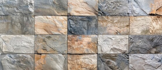 Poster - Rectangular tiles in different shades of gray and brown are fixed to the wall, creating a pattern and a play of light and shadow on its surface