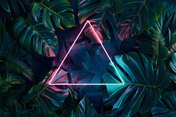 Creative fluorescent color layout made of tropical leaves. Flat lay neon colors. Nature concept.