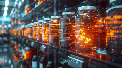 Poster - A close-up view of a futuristic pharmacy showcasing medication information on holographic displays within glass containers.