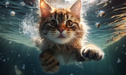 illustration of cute cat swimming underwater in sea looking at camera