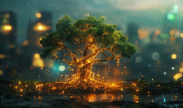 beautiful glowing tree growing on cities representing digital technology
