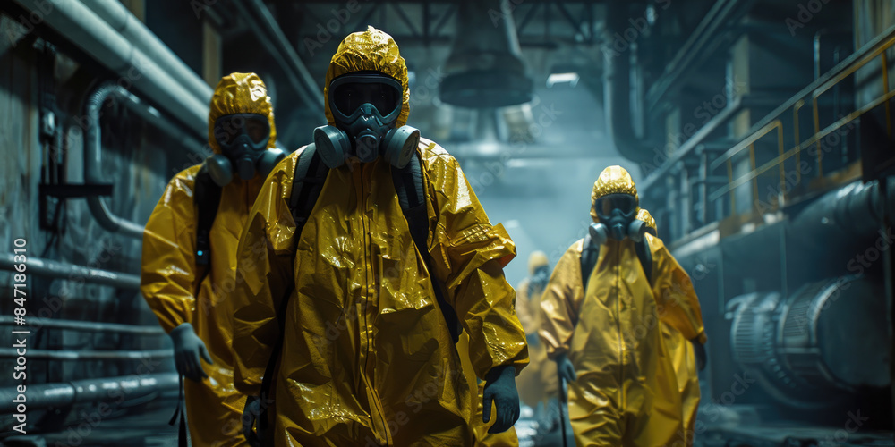 Workers in a nuclear power plant wearing safety gear, inspecting ...