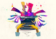 © Solarisys - Pop art collage. Female hand typing on retro typewriter over creative design background.