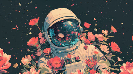 Wall Mural - Surreal illustration of spaceman with flowers, 3d illustration, cosmos