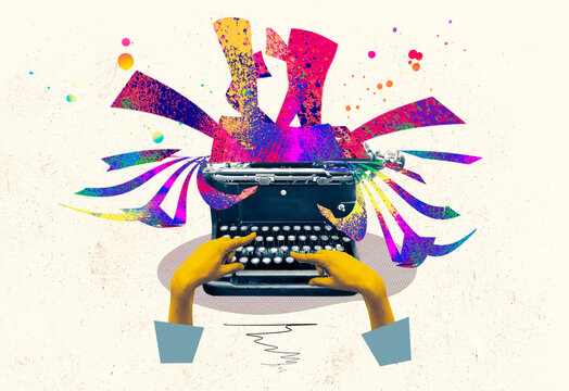Pop art collage. Female hand typing on retro typewriter over creative design background.