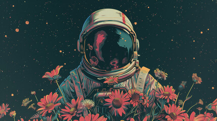 Wall Mural - Surreal illustration of spaceman with flowers, 3d illustration, cosmos