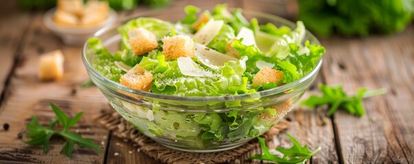 Wall Mural - Fresh Caesar Salad in Glass Bowl on Rustic Wooden Table