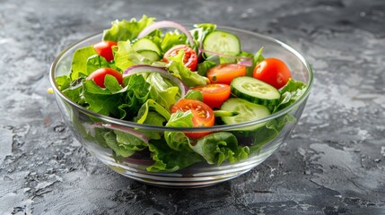 Wall Mural - Fresh Green Salad with Cherry Tomatoes and Cucumber in Glass Bowl