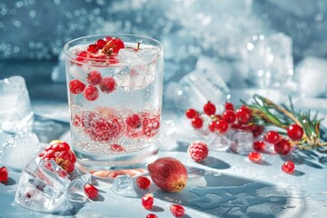 Wall Mural - On a table, there is a glass of water filled with cranberries and ice cubes