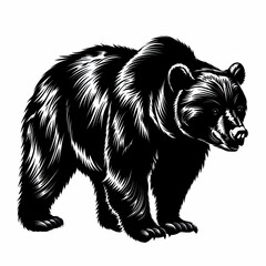 A black and white drawing of a bear on a white background