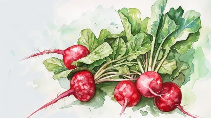 A watercolor painting of a bunch of red radishes with green leaves.