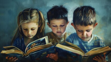 Wall Mural - A painting of three children reading a book