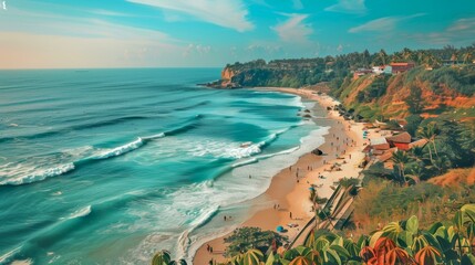 Wall Mural - Stunning coastal landscape with vibrant colors. A perfect summer day at the beach, with blue waves crashing against the sandy shore.