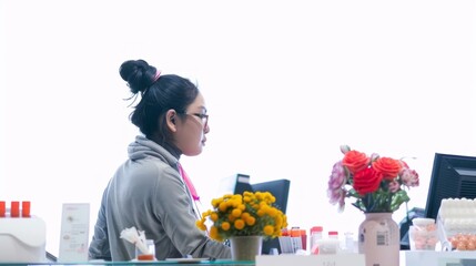 Wall Mural - A woman is sitting at a desk with a vase of flowers in front of her